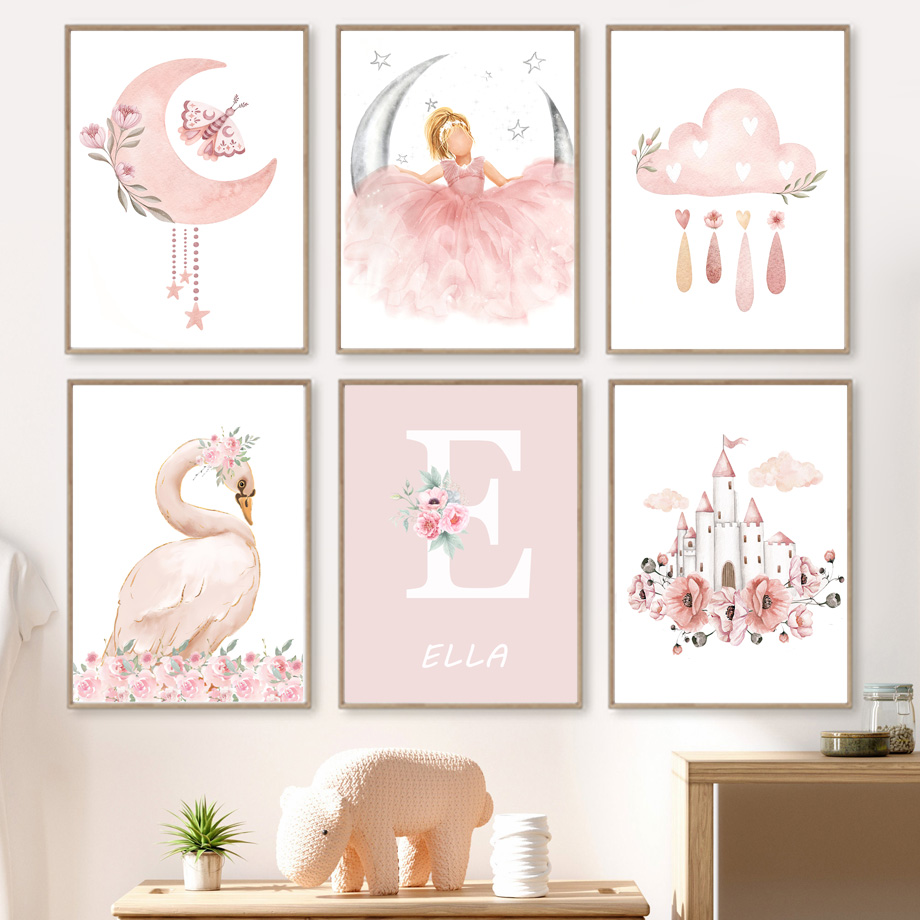 Baby Nursery Animal Prints - Розовый Ангел Девушка Солнце Луна Облако