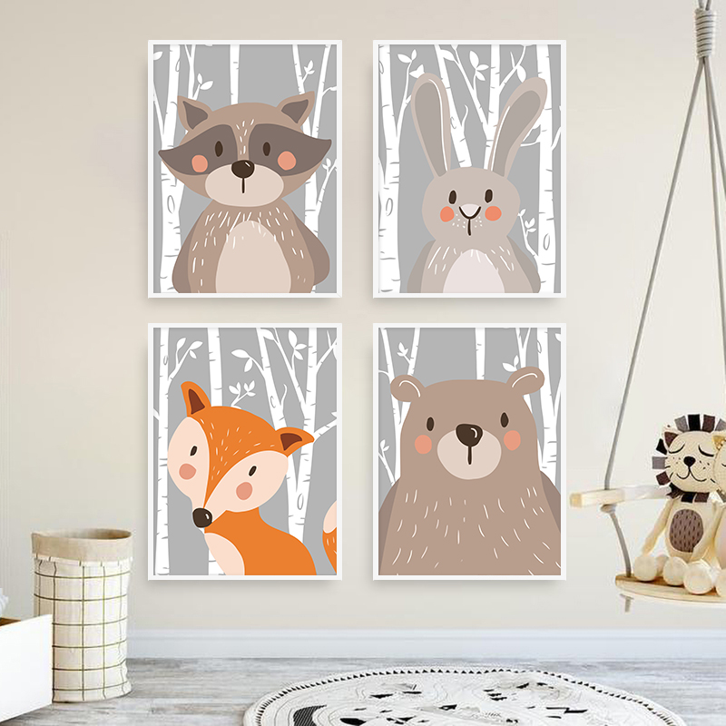 Baby Nursery Mirror - Лесные животные, принты плакатов, медведь, кролик,