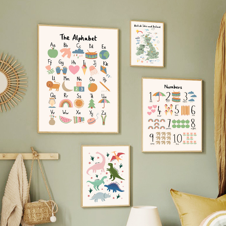 Baby Nursery Animal Prints - Карта мира с животными, динозаврами, алфавитом
