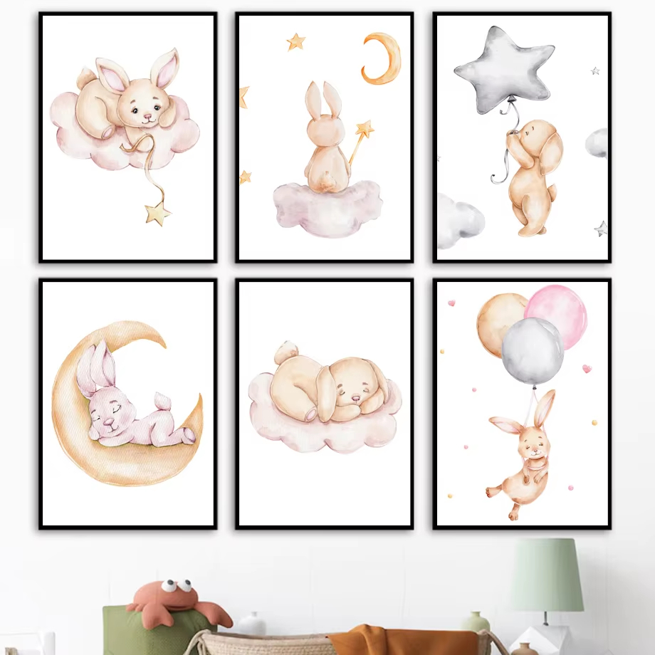 Baby Nursery Mirror - Милый акварельный кролик, луна, звезда, облако,