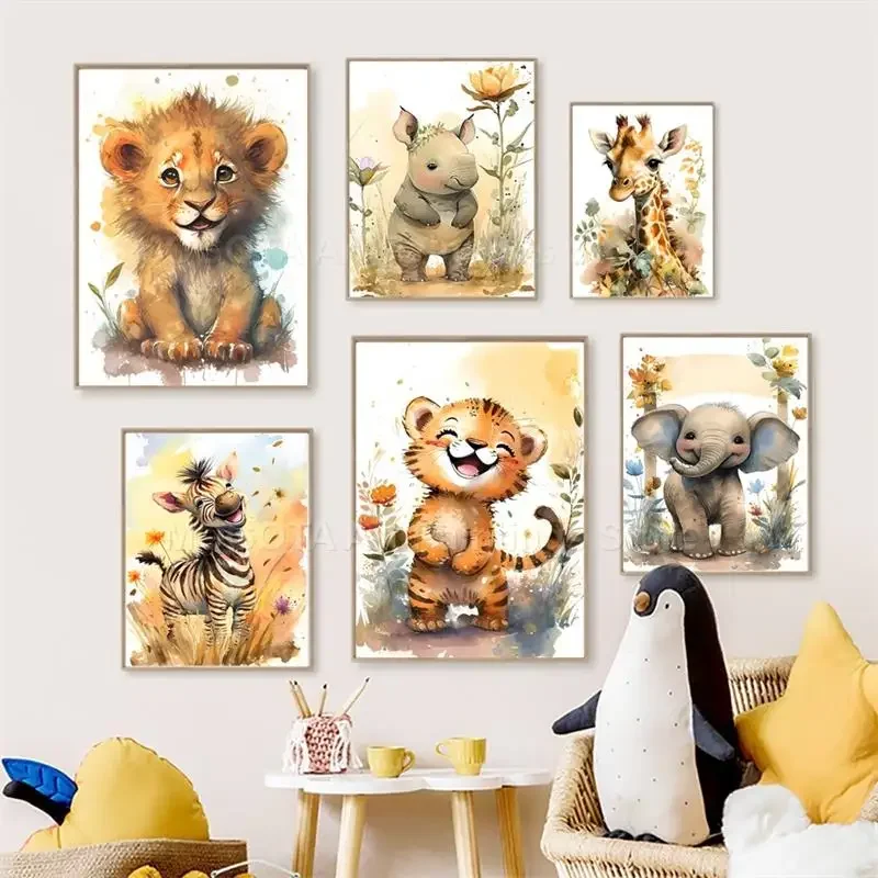 Baby Nursery Animal Prints - Акварель Лев Жираф Тигр Слон Зебра