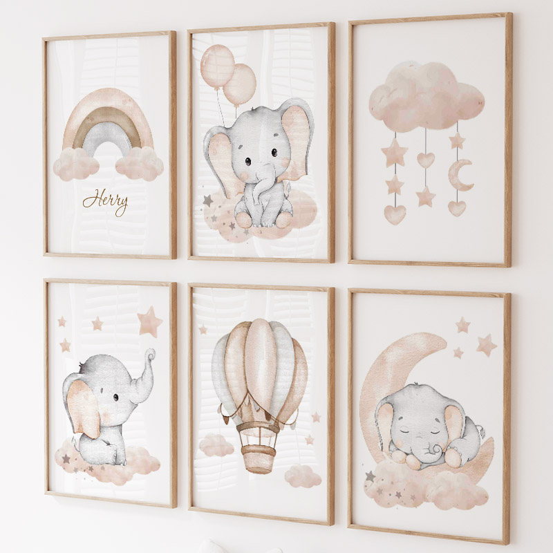 Baby Nursery Animal Prints - Милый слон, горячий воздушный шар, луна,