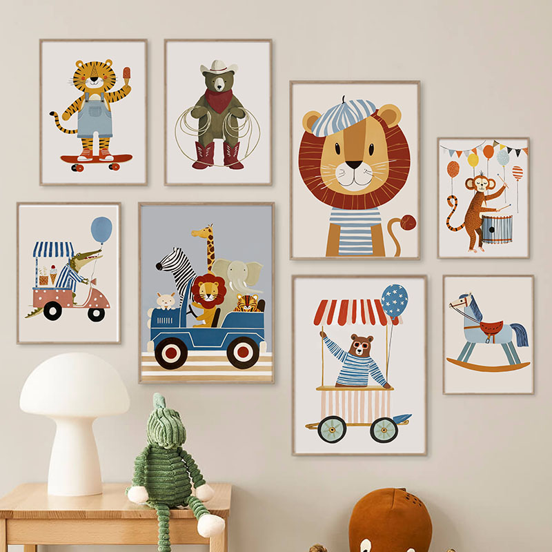 Baby Nursery Artwork - Забавные мультяшные животные: лев, медведь, тигр