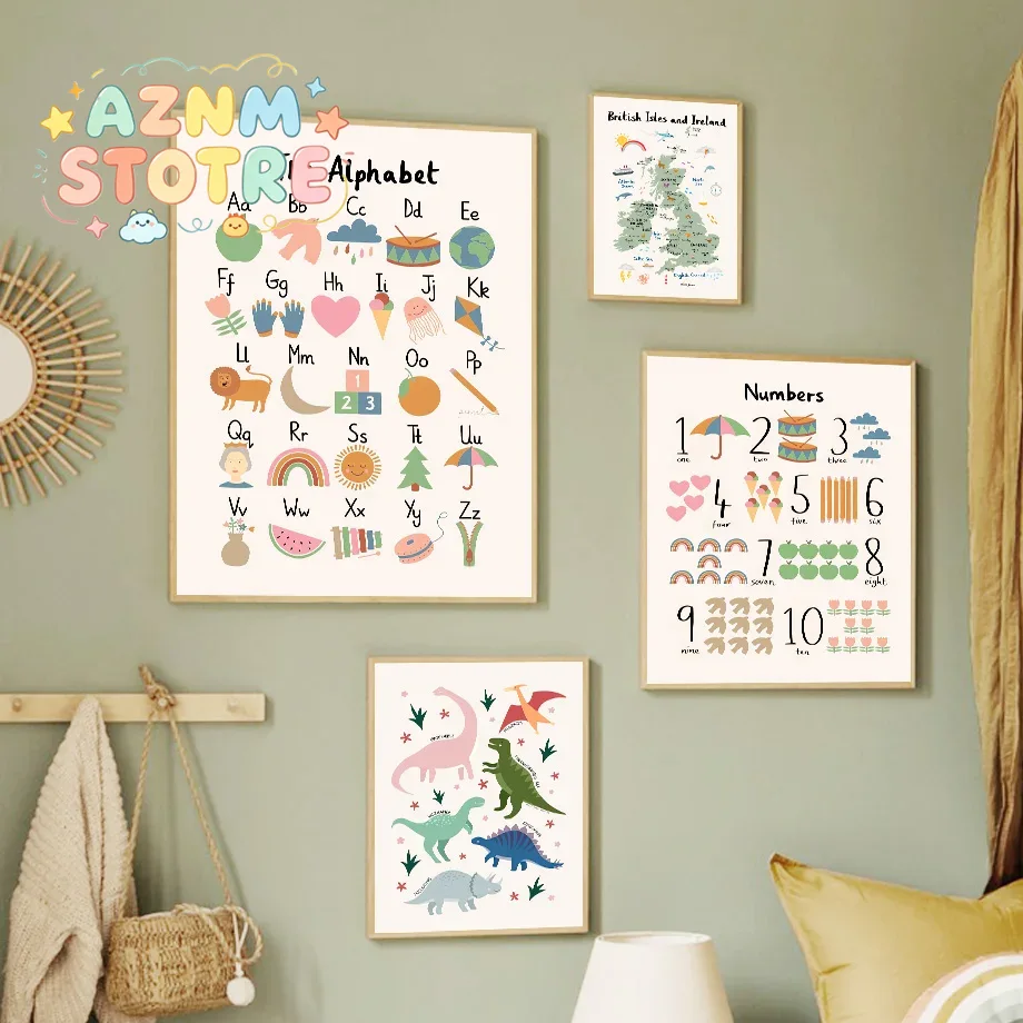 Baby Nursery Artwork - Карта мира животных, динозавры, алфавит, цифры,