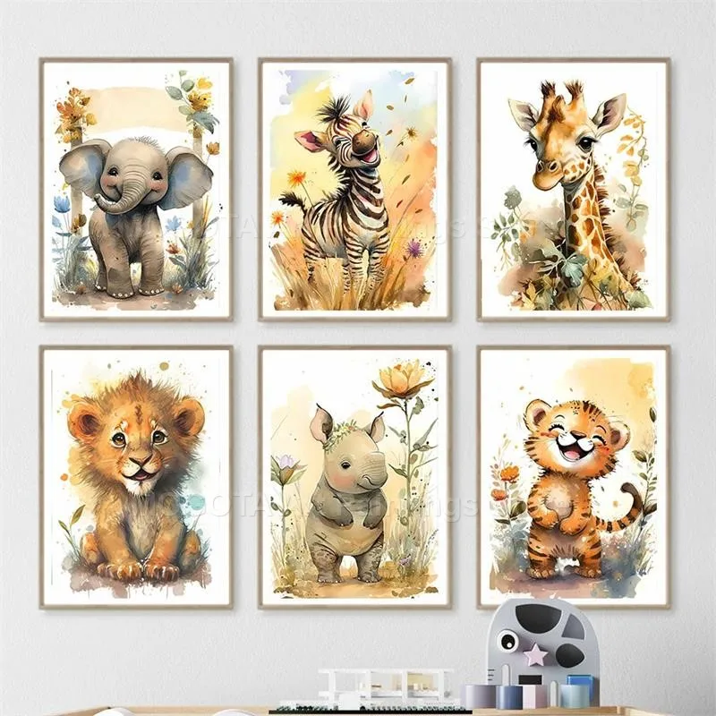 Акварель Лев Жираф Тигр Слон З – обзор и цена Baby Nursery Animal Prints